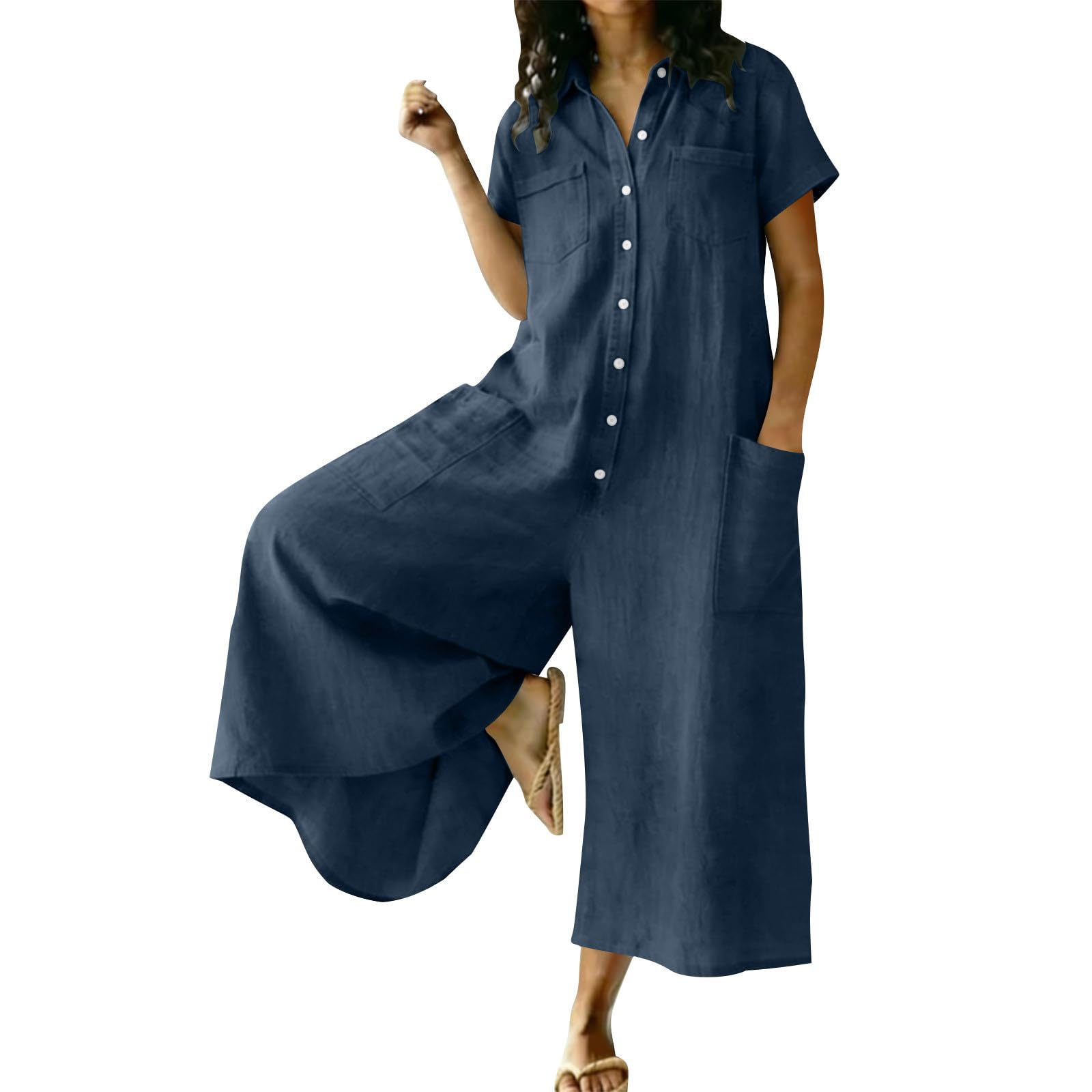 Combinaison en Lin pour Femme Ample et Respirant Combinaison Pantalon Fluide Femmes été Jambes Larges Grande Taille Coupe Droite Palazzo Salopettes de Travail Chic Jumpsuit de Plage