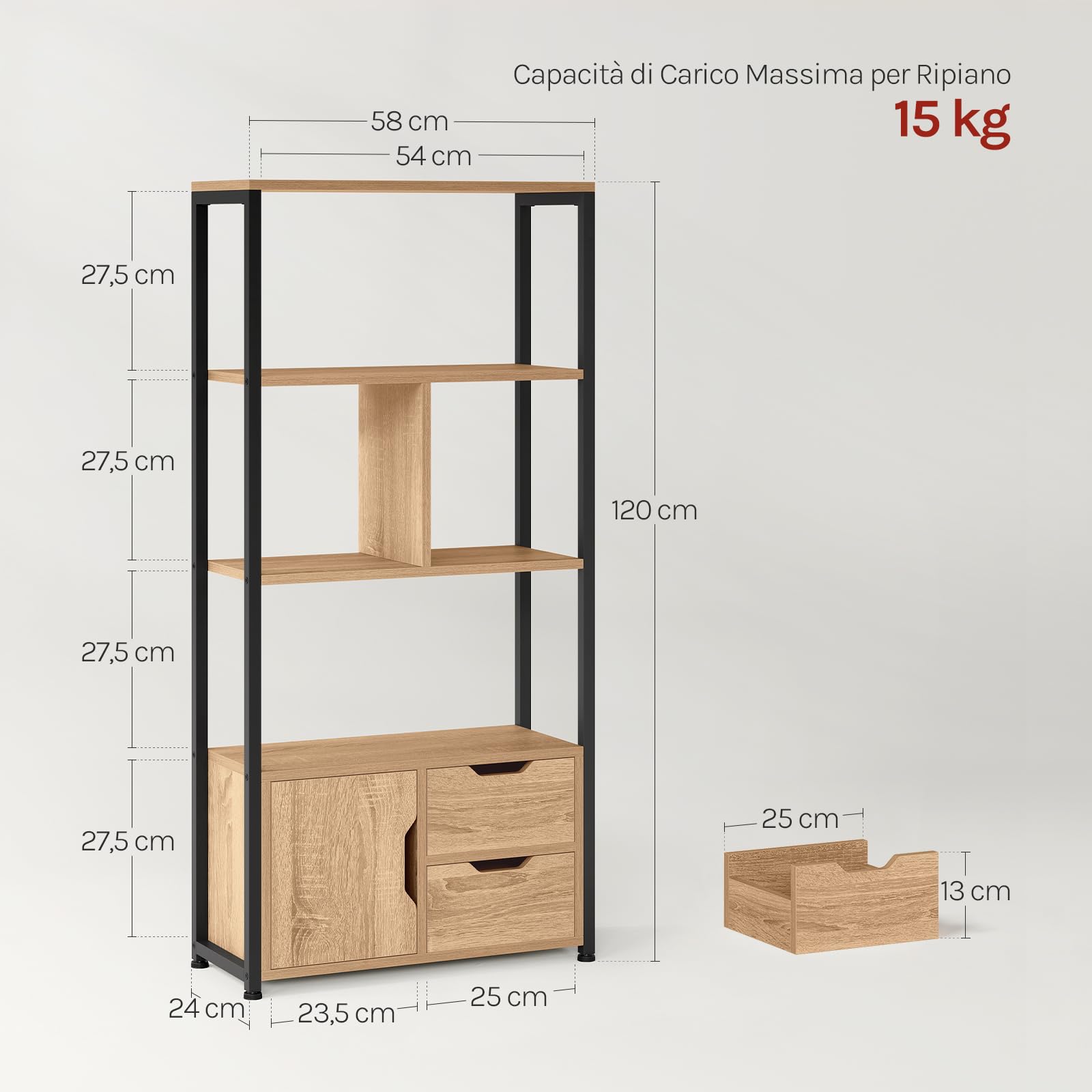 WOLTU Libreria Moderna Design, 58 x 24 x 122 cm, Scaffale per Libri CD | con Cassetti e Ante, in Legno e Metallo, Rovere Chiaro