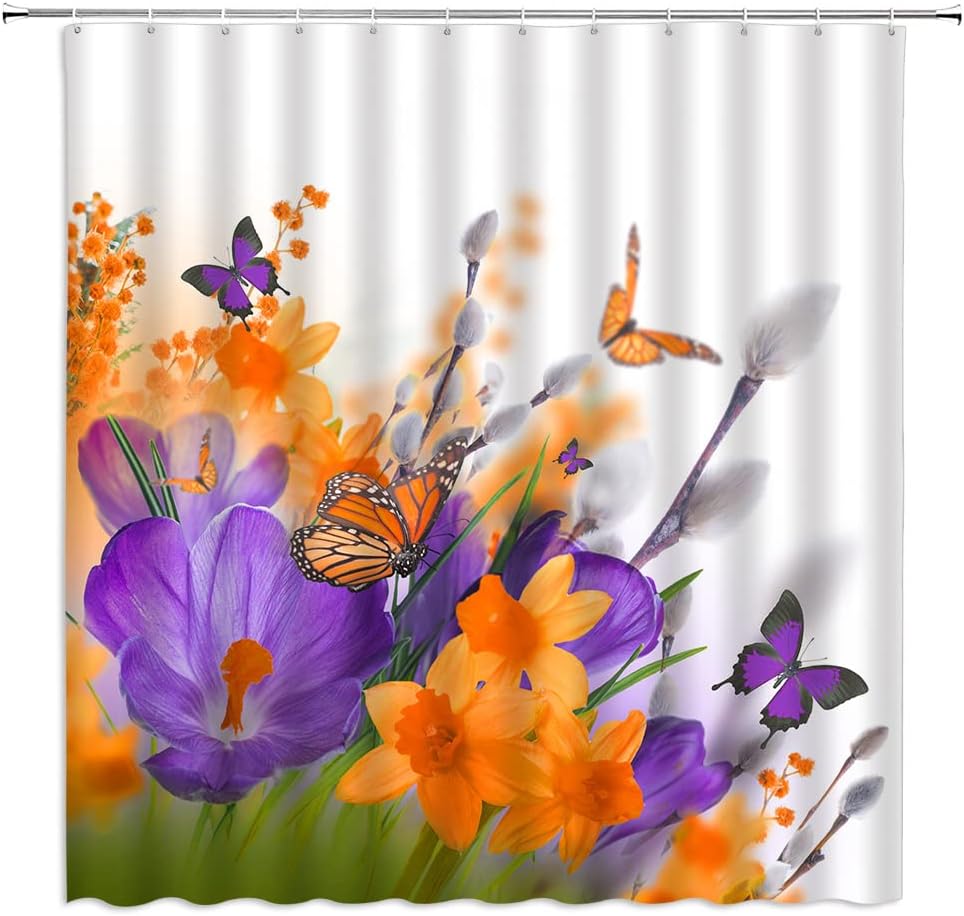 Flower Butterfly Shower Curtain Orange Purple Floral Butterflies Fantasy Dream Plant Spring Garden Nature Scenery White Bathroom Decor Fabric Set with Hooks(78" Wx70 H)
