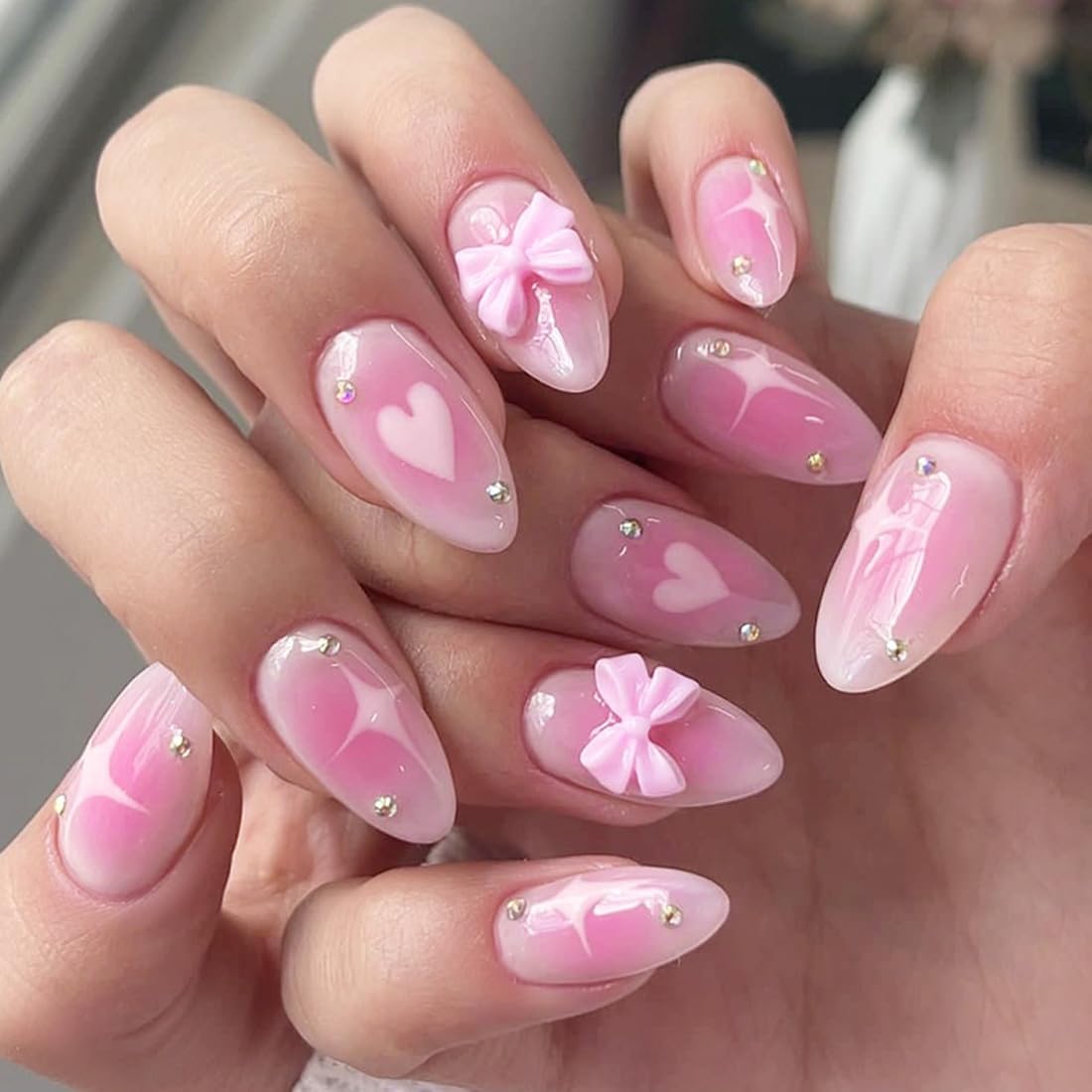 Amazon.com: ANDGING Almond Press on Nails Ombre Pink Short Medium fake on  Nail with 3D Bow Rhinestone Designs Full Cover Fake Nail for Women Wedding  False Nail Manicure Acrylic Fantasy 24 Pcs :