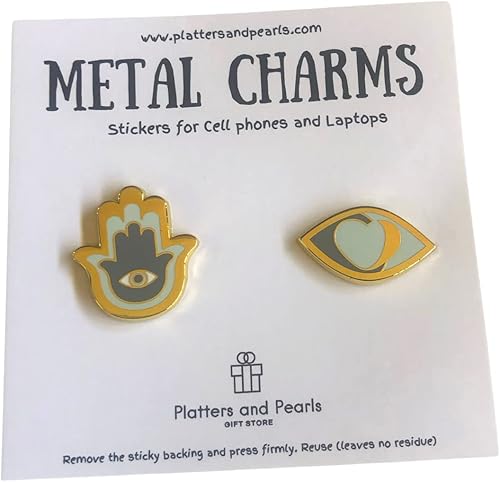 Miniatura 6 de Pegatinas de metal para fundas de teléfonos celulares. Juego de 2 calcomanías doradas de mal de ojo y hamsa, reutilizables y extraíbles. No deja