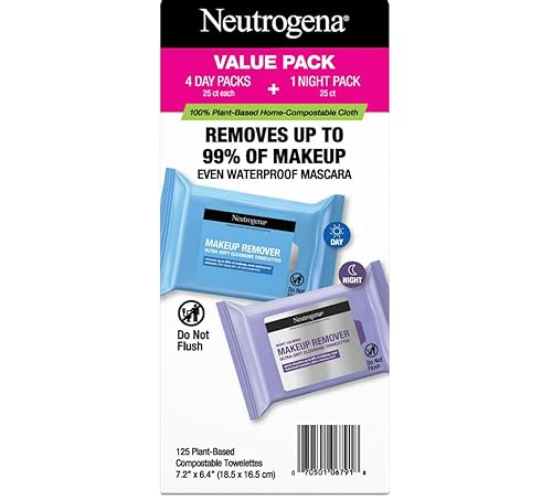 Neutrogena Toallitas de limpieza facial de día y noche, toallitas de limpieza facial y paños faciales calmantes nocturnos, 100% fibras a base de
