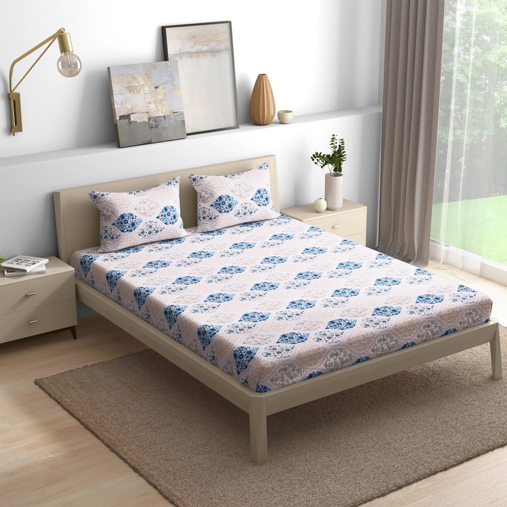 Wakefit Cotton Fitted Bedsheet | 200 TC Elastic Fitted Sheet, King Bed Bedsheet with 2 Pillow Covers | Persia - 78x72 inches