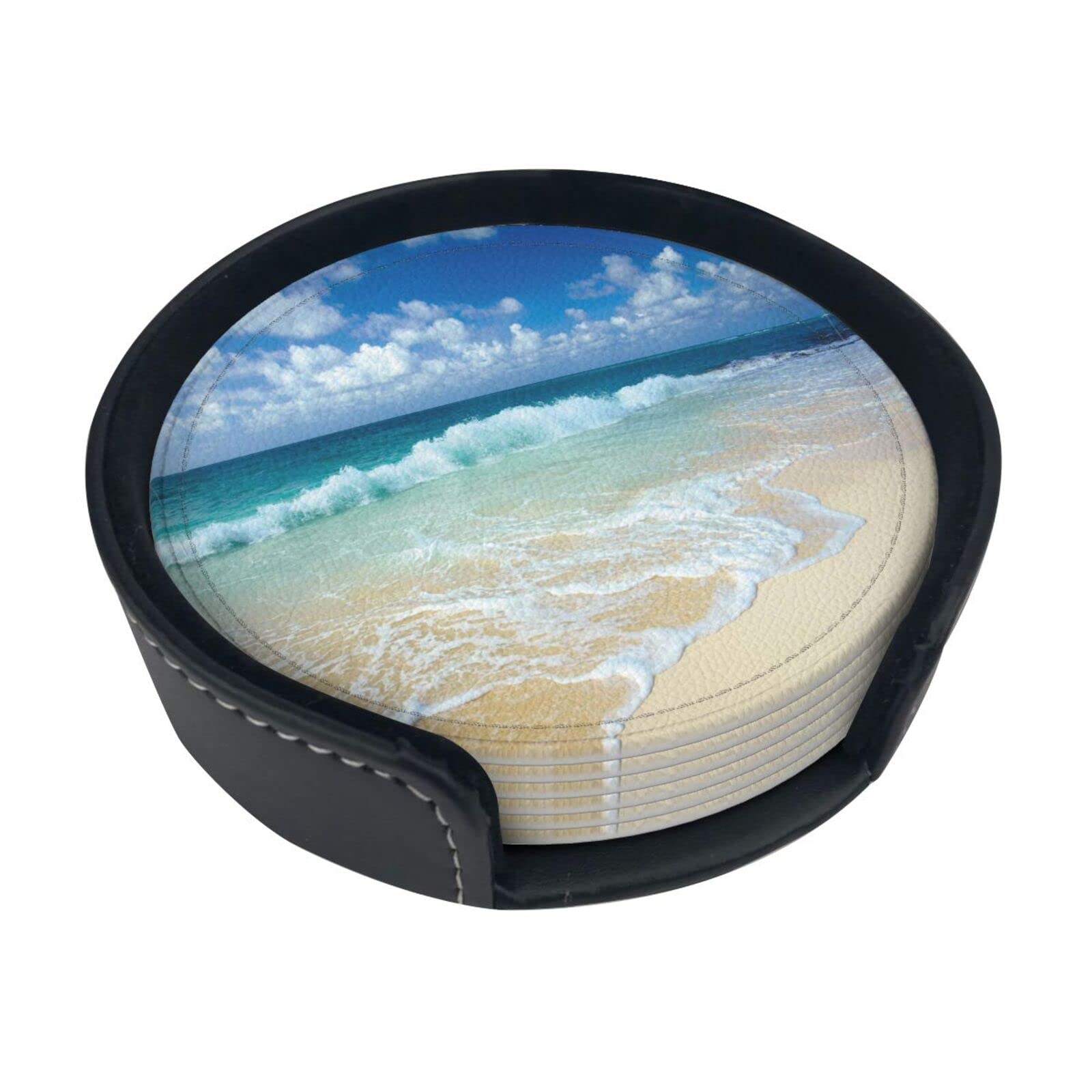 Alteko Serene Coastal Coasters Set Of 6 Print Leather Coasters For Drinks,Home Décor And Housewarming Gift