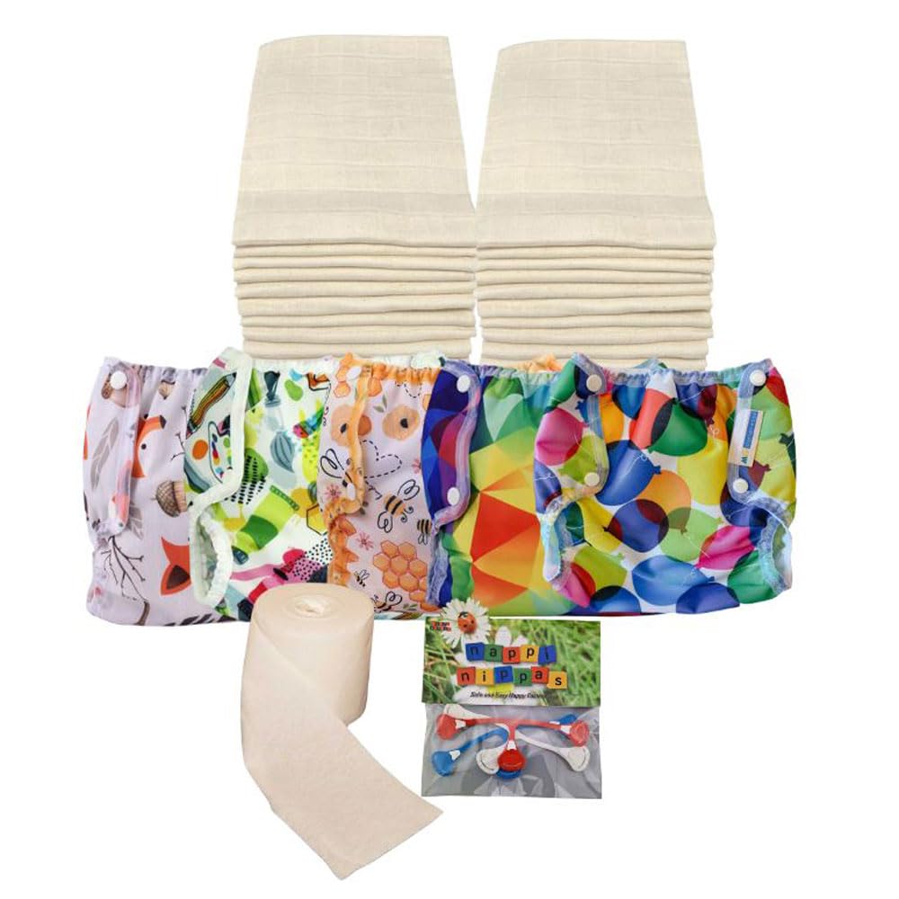 The Nappy Lady Muslins Newborn Reusable Nappy Complete Kit, 24 Organic Cotton Muslins, Nappy Nippas and Liners (Organic Unbleached)