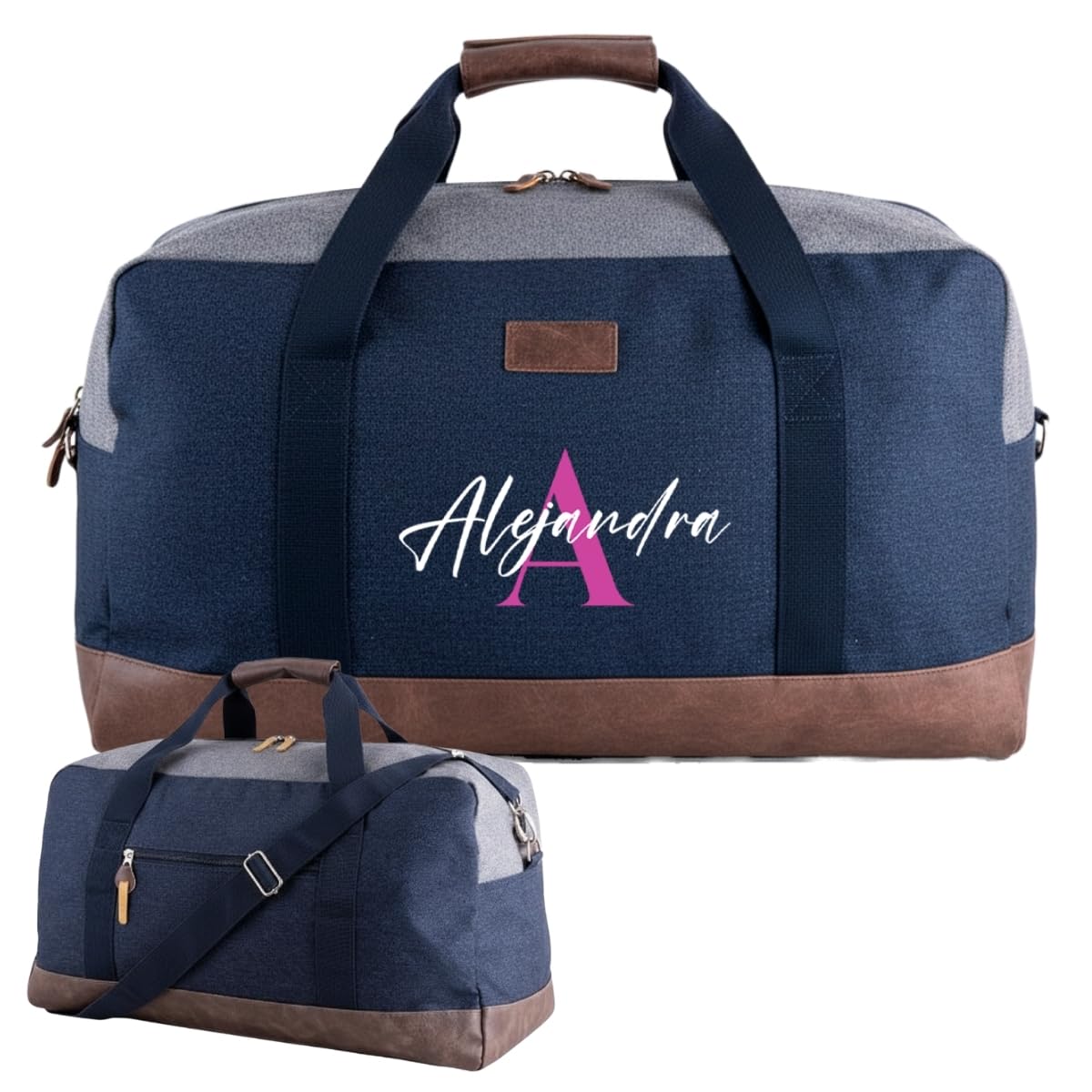DEREGALOOS Bolsa de Viaje Personalizada con Nombre. Bolsa de Deporte de 47,5L en Algodón con Detalles Marrones. Ideal para Escapadas, Gimnasio (Azul - Inicial y Nombre)