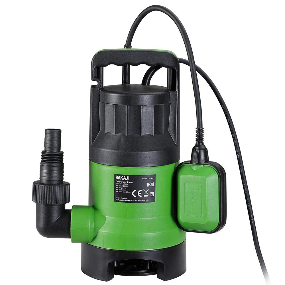 Bakaji Pompa Immersione Elettropompa Sommersa Acque Scure Sporche Potenza 750W Portata 13000L/h Profondità Massima 7 Metri con Fondo Piatto Maniglia per il Trasporto e Cavo 10 metri