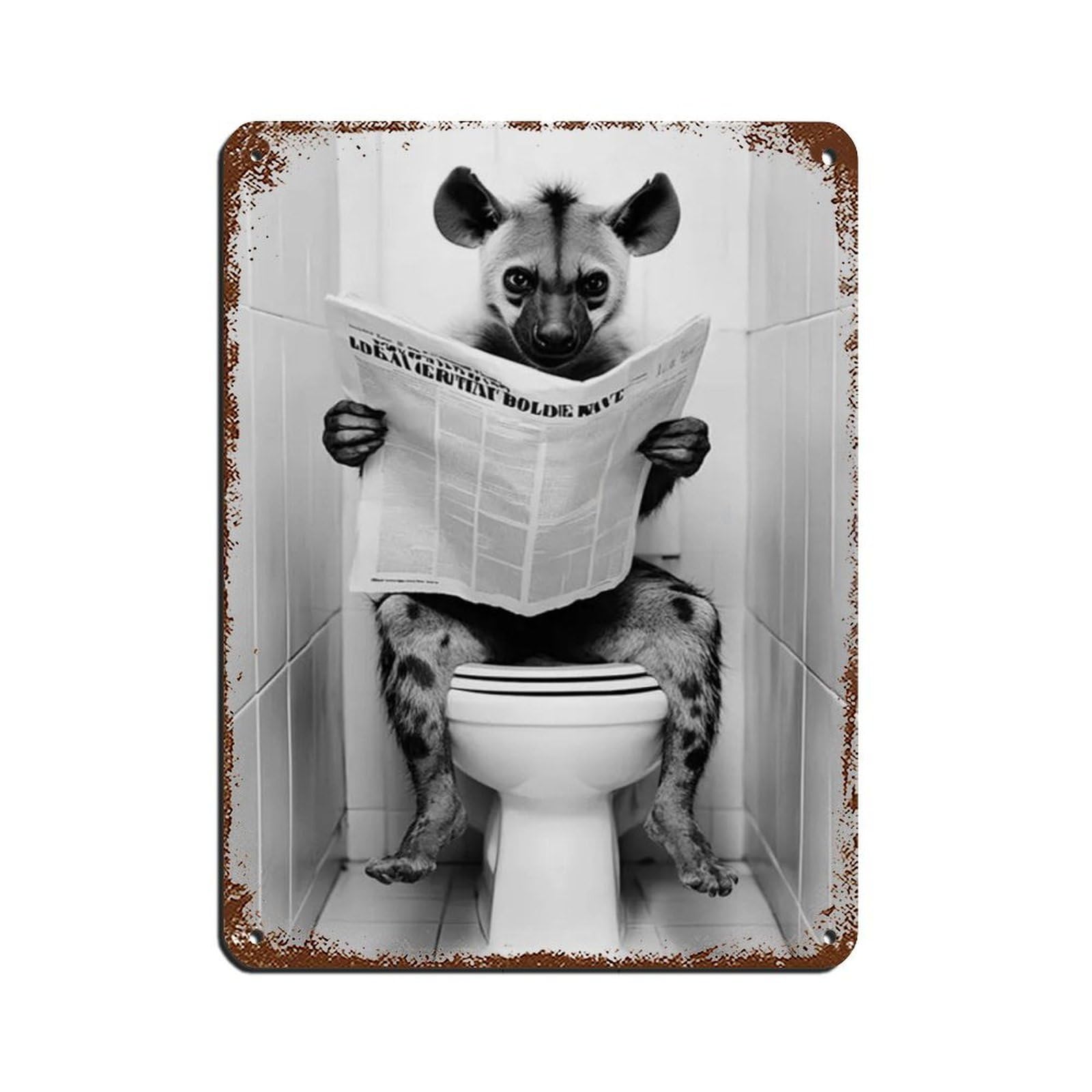 Hyena Sitting on The Toilet Reading A Newspaper (3) Tin Sign Vintage Metal Pub Club Cafe Bar Home Wall Art Decoration Poster Retro 12x16inch(30x40cm)