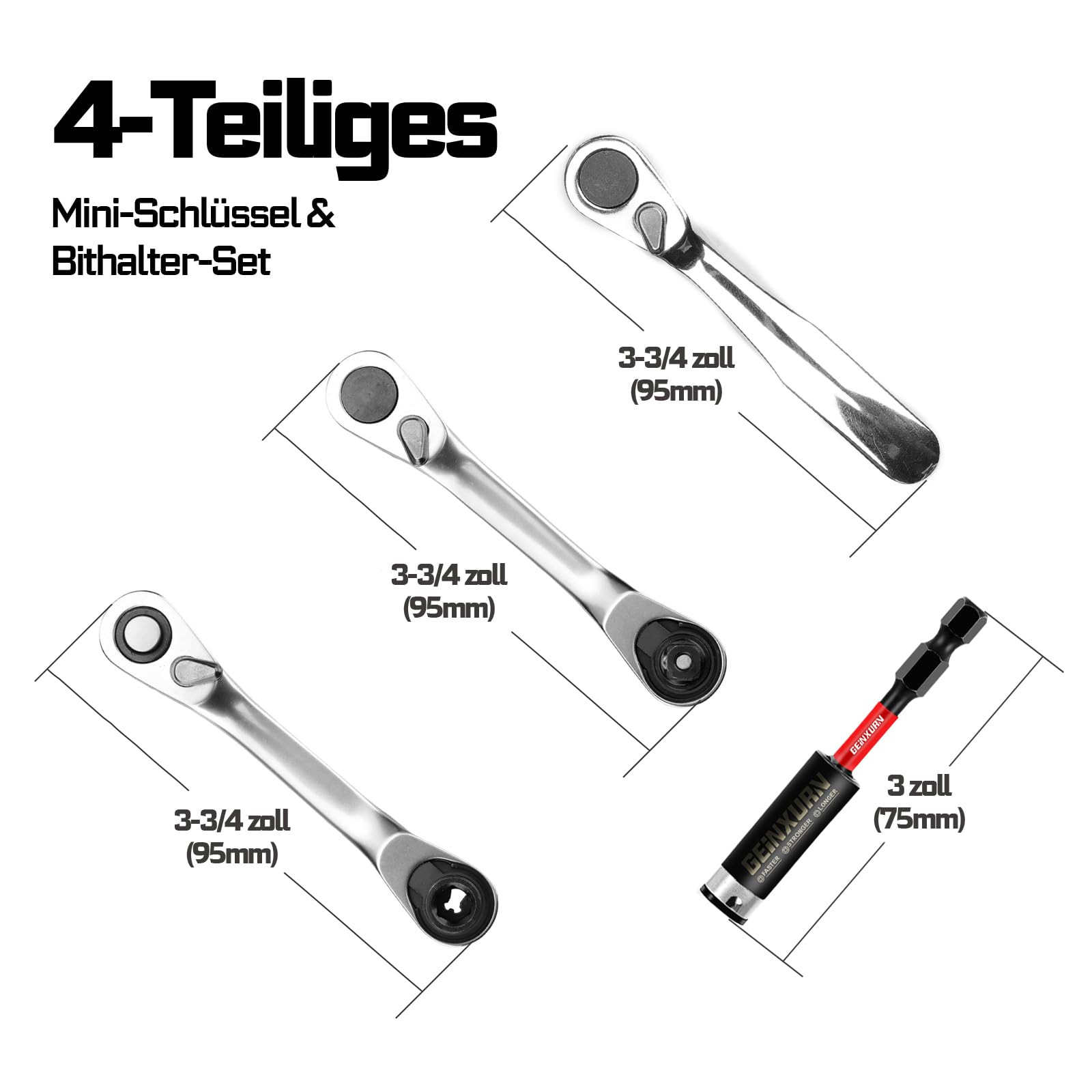 GEINXURN 4-teiliges Mini Ratsche Set, 3 Stück 1/4-Zoll Ratsche 72-Zahn-Steckschlüssel mit Schnelllösefunktion & Reversibler, 75mm Schlagfester Bithalter, alle in kleinen Schachteln Enthalten