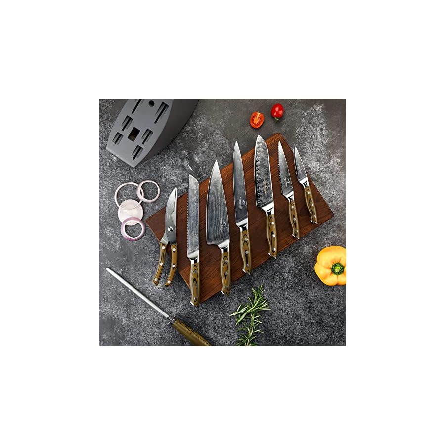 Kitchen-Damascus-Knife-Set-9-Piece-Kitchen-Knife-Set-with-Block-Non-slip-G10-Ergonomic-Triple-Rivet-Handle-for-Chef-Knives-Knife-Sharpener-and-Kitchen-Shears-Natural-Wood-Block-Black Kitchen Damascus Knife Set, 9-Piece Kitchen Knife Set with Block, Non-slip G10 Ergonomic Triple Rivet Handle for Chef Knives, Knife Sharpener and Kitchen Shears, Natural Wood Block (Brown/Grey)