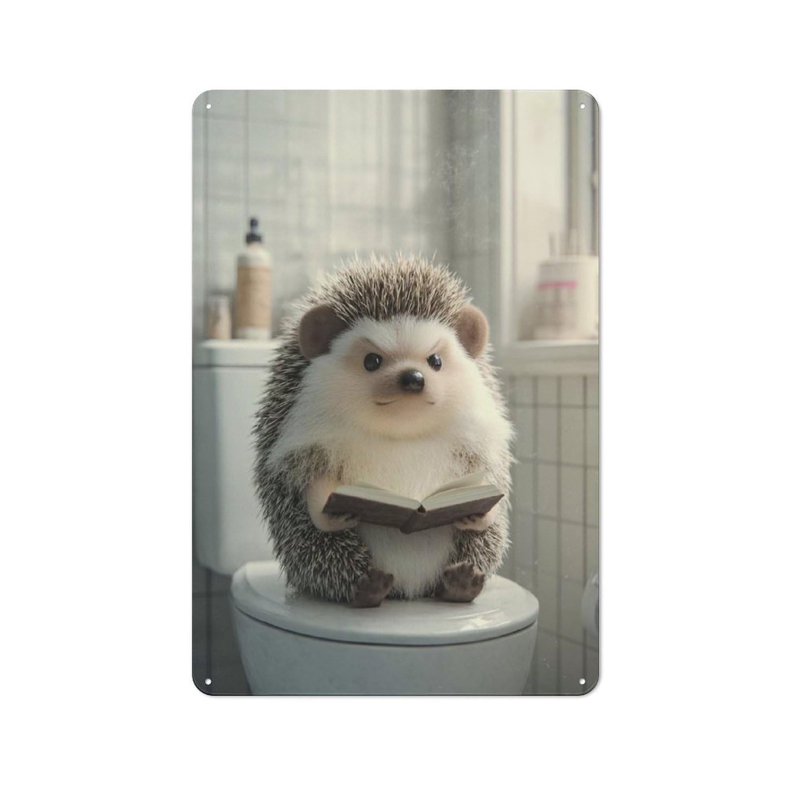 Junmoney Style-19 For Lounge Or Reading Corner, Hedgehog Reading On A Toilet Retro Tin Sign 30X20cm, Gift For Reading Corner Decorators During The Christmas Season