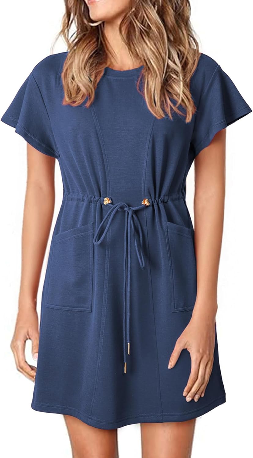 EVALESS Womens Spring Summer Dresses 2026 Casual Round Neck Ruffle Short Sleeve Flowy A Line Mini Dress with Pockets
