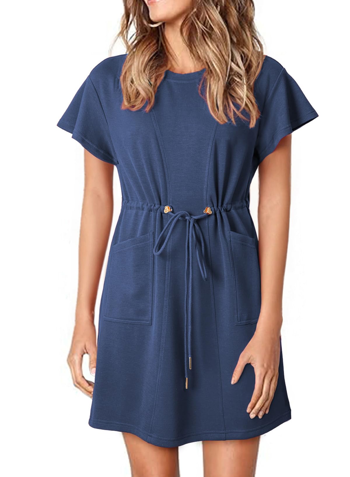 EVALESS Womens Spring Summer Dresses 2026 Casual Round Neck Ruffle Short Sleeve Flowy A Line Mini Dress with Pockets