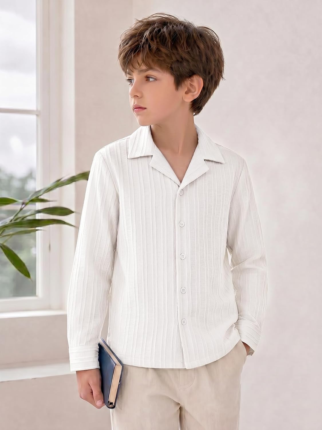Haloumoning Boys Long Sleeve Button Down Shirt Textured Uniform Shirts