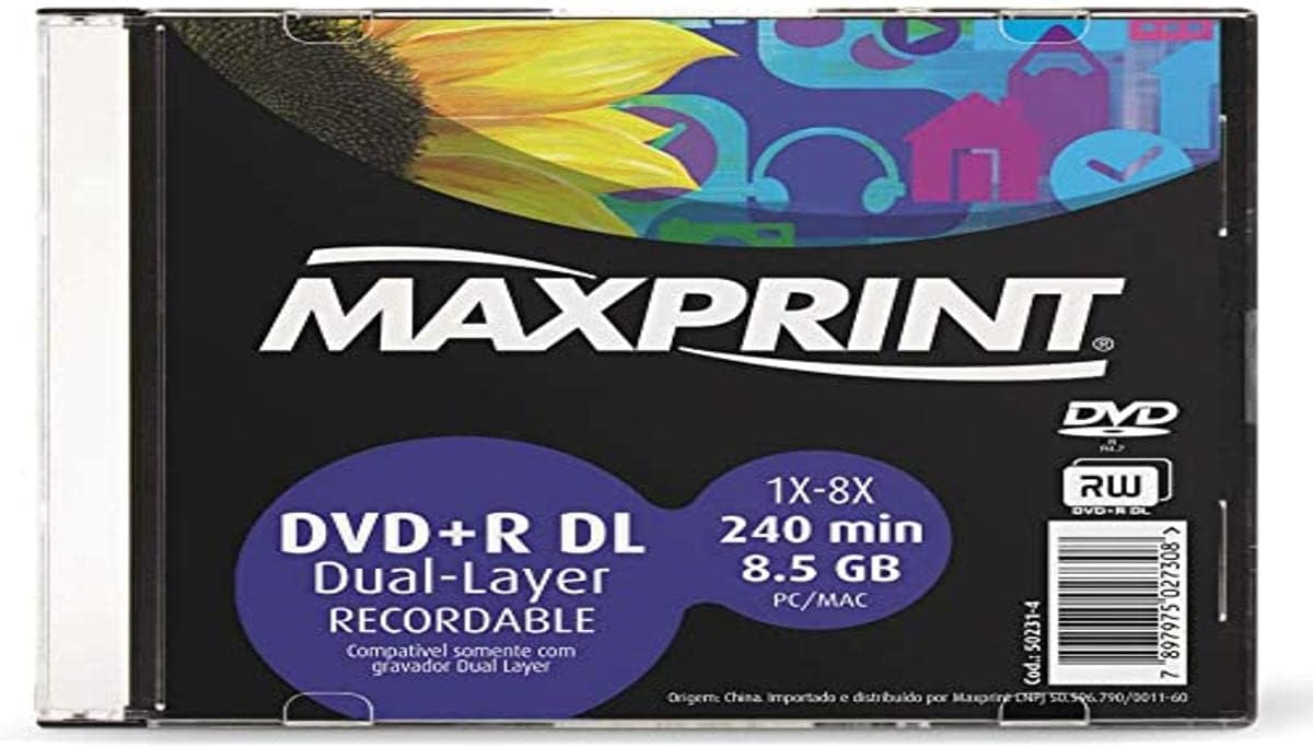MÍDIA DVD+R Dual Layer Gravável MAXPRINT 8.5 GB 240 MIN 8X Slim