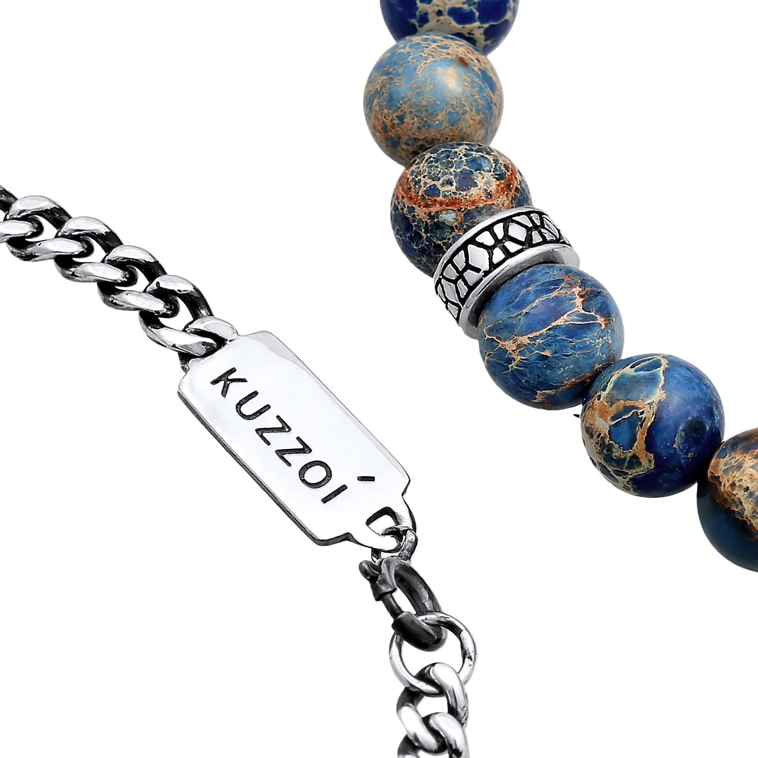 Kuzzoi Buddha Herren Armband Set, EIN elastisches Edelstein Armband mit Silber Beads, Blaue Achat Perlen und EIN Panzerarmband für den Mann, 925 Sterling Silber oxidiert, Länge 19-21 cm, 0211311221