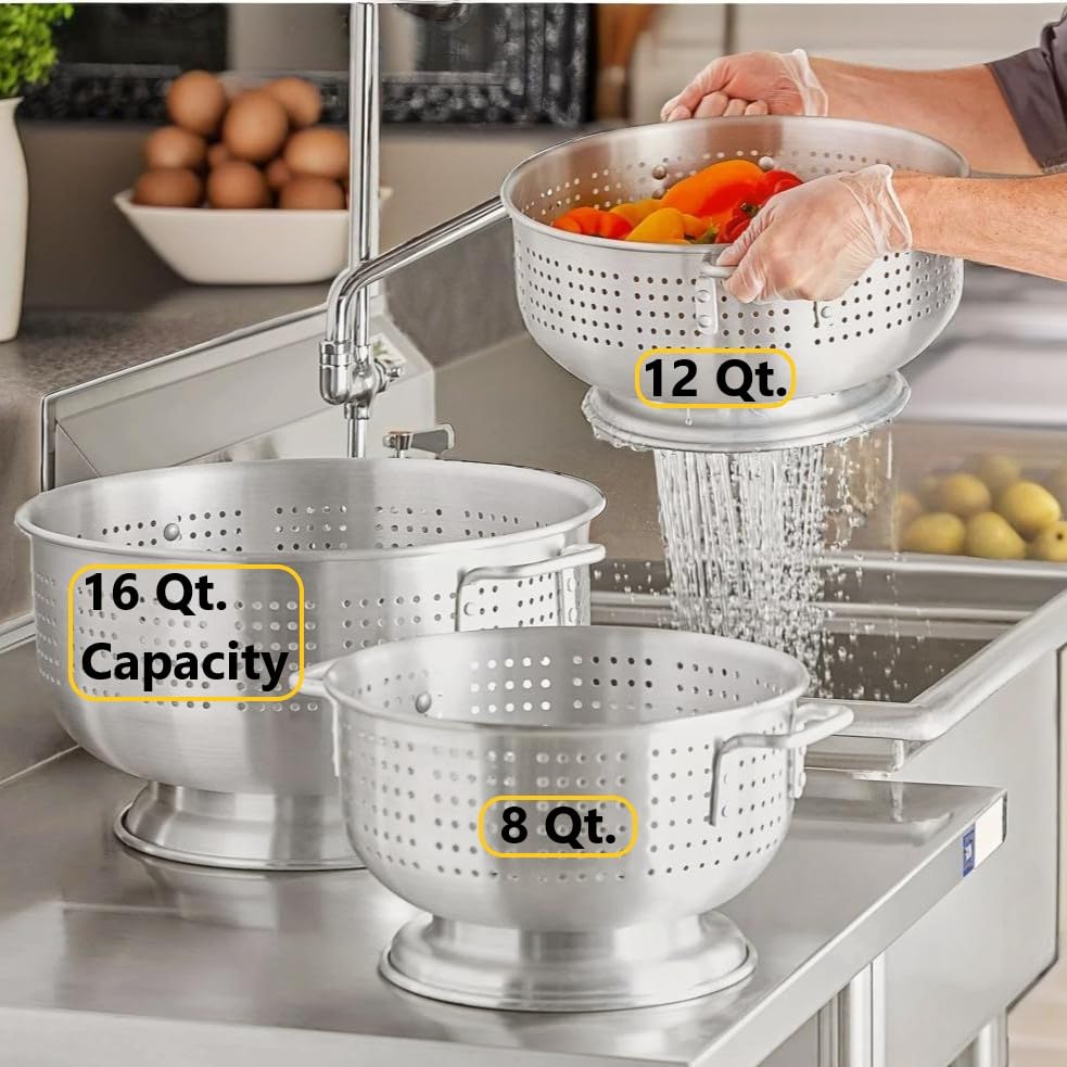 16 Qt. Aluminum Colander with Base and Handles – Heavy-Duty 16-Gauge Commercial Strainer for Pasta, Fruits, and Vegetables- (Large Colander with Top Diameter of 16.5 inches) (1, 16 Quart) - Image 3