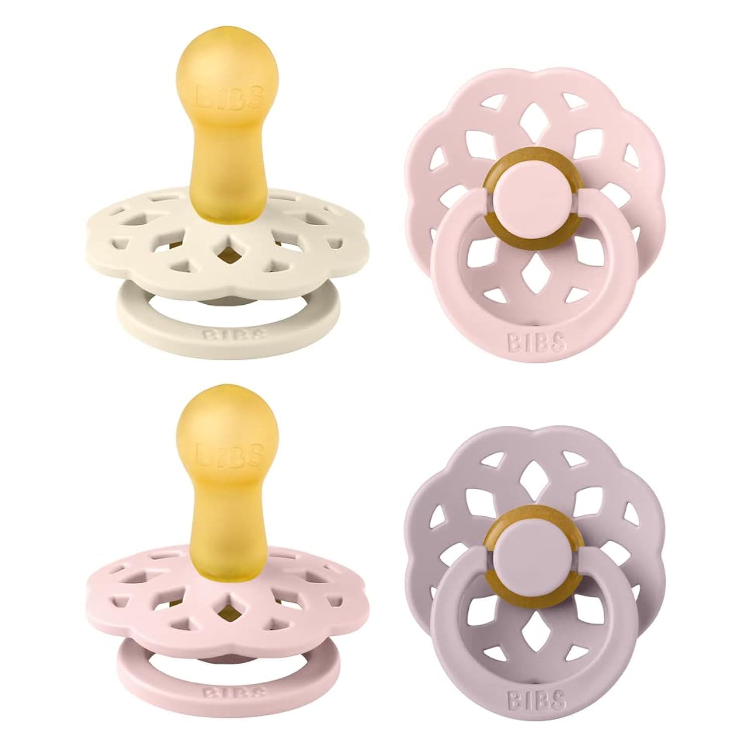 BIBS Boheme Soother 4-Pack | BPA Free Dummy Pacifier | Round Nipple | Natural Rubber Latex | Made in Denmark | Size 6-18 Months | Blossom Mix