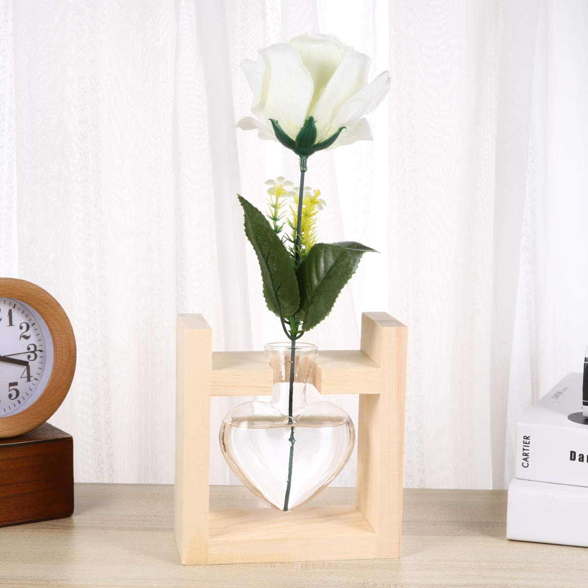 Jarrón hidropónico de Cristal en Forma de corazón, con Soporte de Madera para decoración de Escritorio de casa, Oficina, Boda, jarrón de Cristal con Soporte de Madera