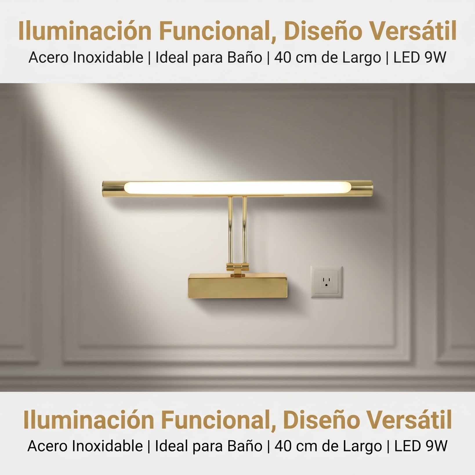 NUOBESTY Lámpara De Tocador Led De Espejo 9w De Acero Inoxidable Dorado, Luz Frontal Para Baño y Dormitorio, Aplique De Pared Versátil, 40 Cm, Iluminación Funcional Para Maquillaje