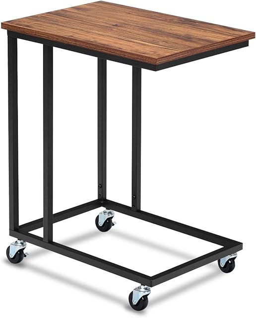 Multigot End Side Table, Industrial Mobile Bedside Table with 360° Wheels, C-Shaped Narrow Snack Coffee Tea Tables for Living Room Bedroom Study