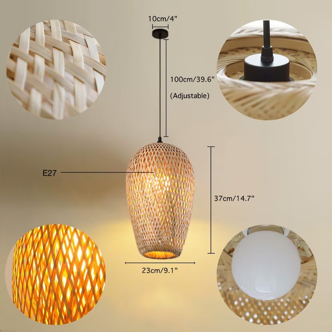 Lámpara colgante de bambú tejida a mano Pantalla de doble capa Lámpara de techo hueca tejida de bambú Lámpara de techo para bar, café, comedor, hotel, estilo 3