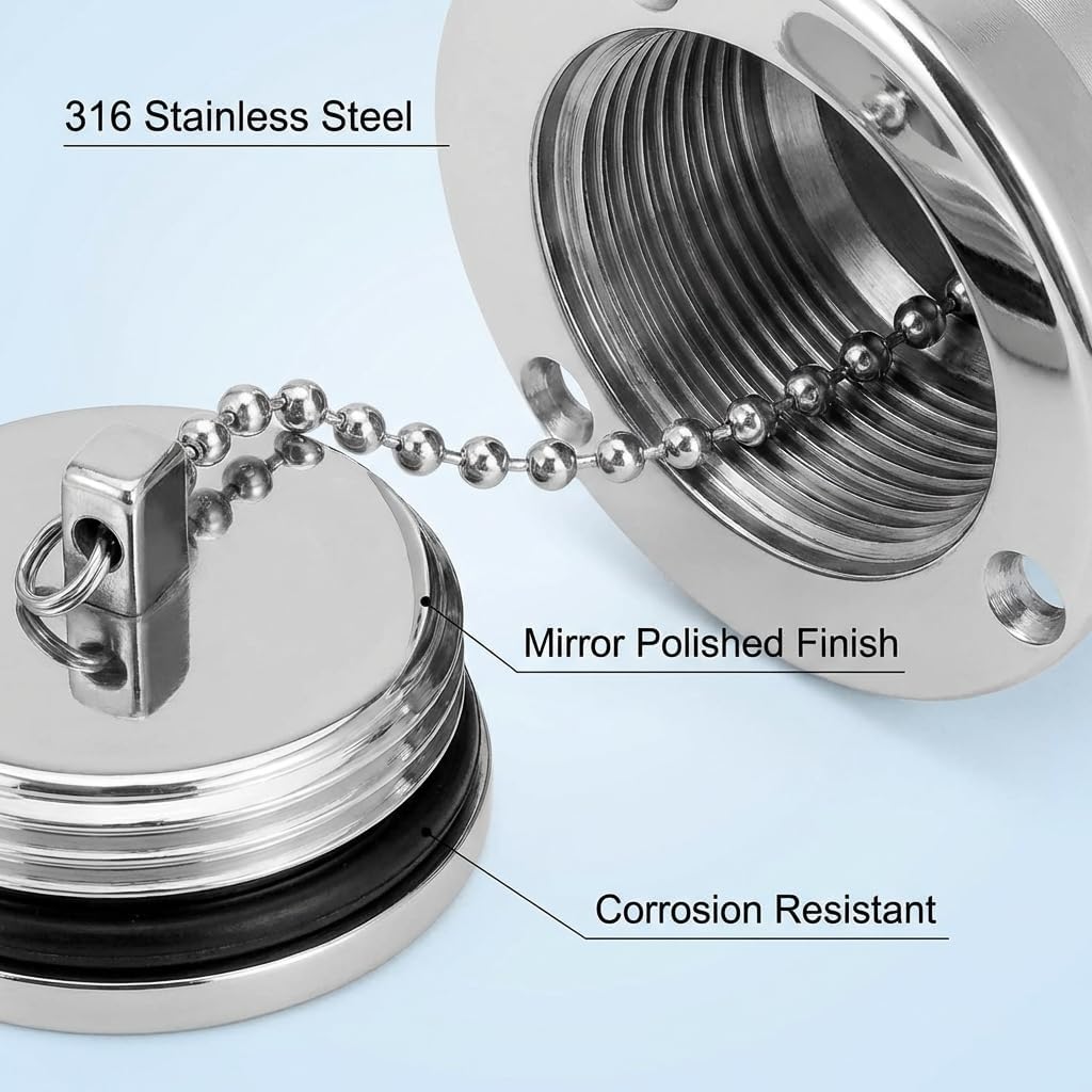 QWORK Straight Marine Fuel Deck Fill 38mm (1-1/2") – Stainless Steel 316 Keyless Cap for Boats, Yachts & RVs