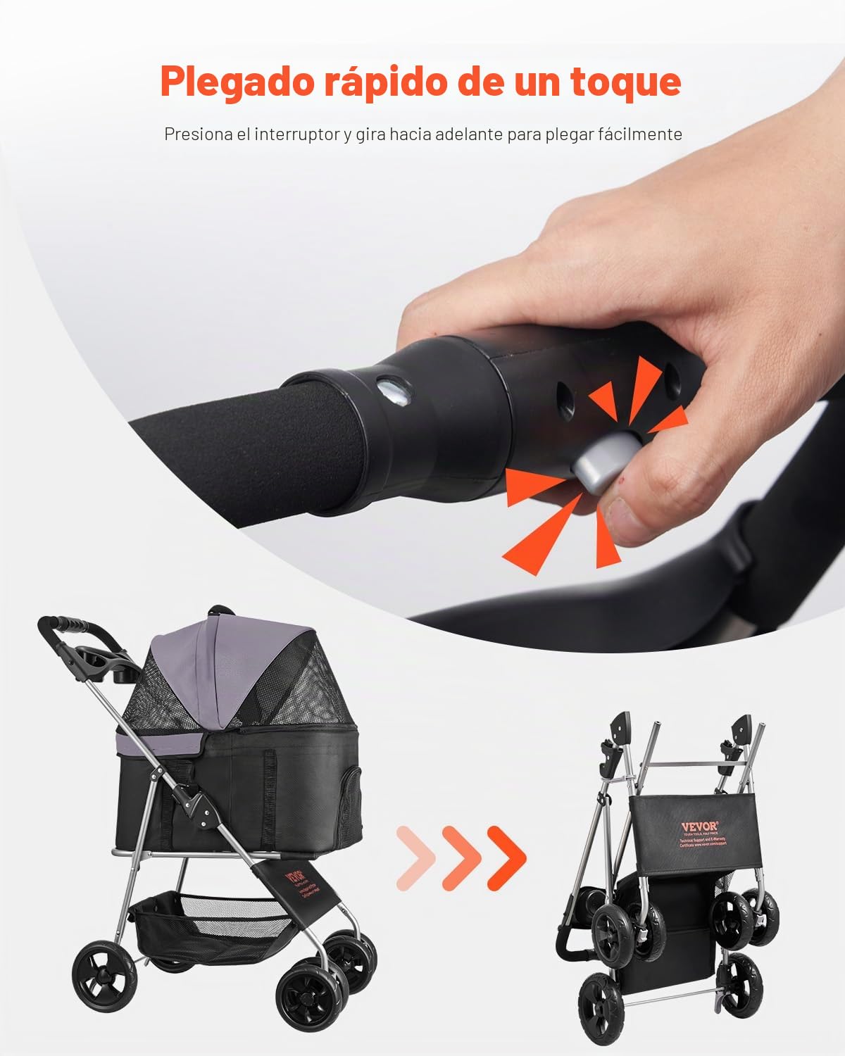 VEVOR Cochecito para Mascotas Capacidad de 16 kg Carrito Plegable para Perros de 4 Ruedas con Portabebés Desmontable Ventana de Malla Tela Oxford 600D con Freno para Mascotas Pequeñas Medianas