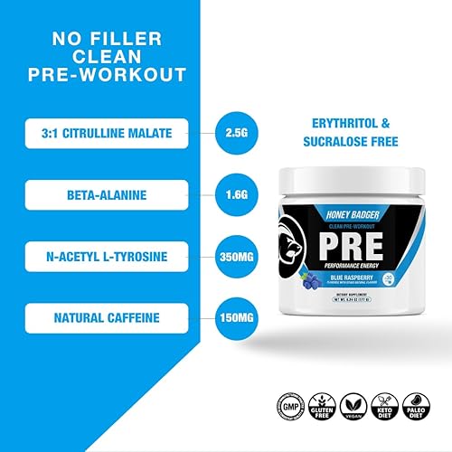 Miniatura 2 de Honey Badger Polvo de preentrenamiento preentrenamiento vegano keto para hombres y mujeres con vitamina C para apoyo inmunológico beta alanina y