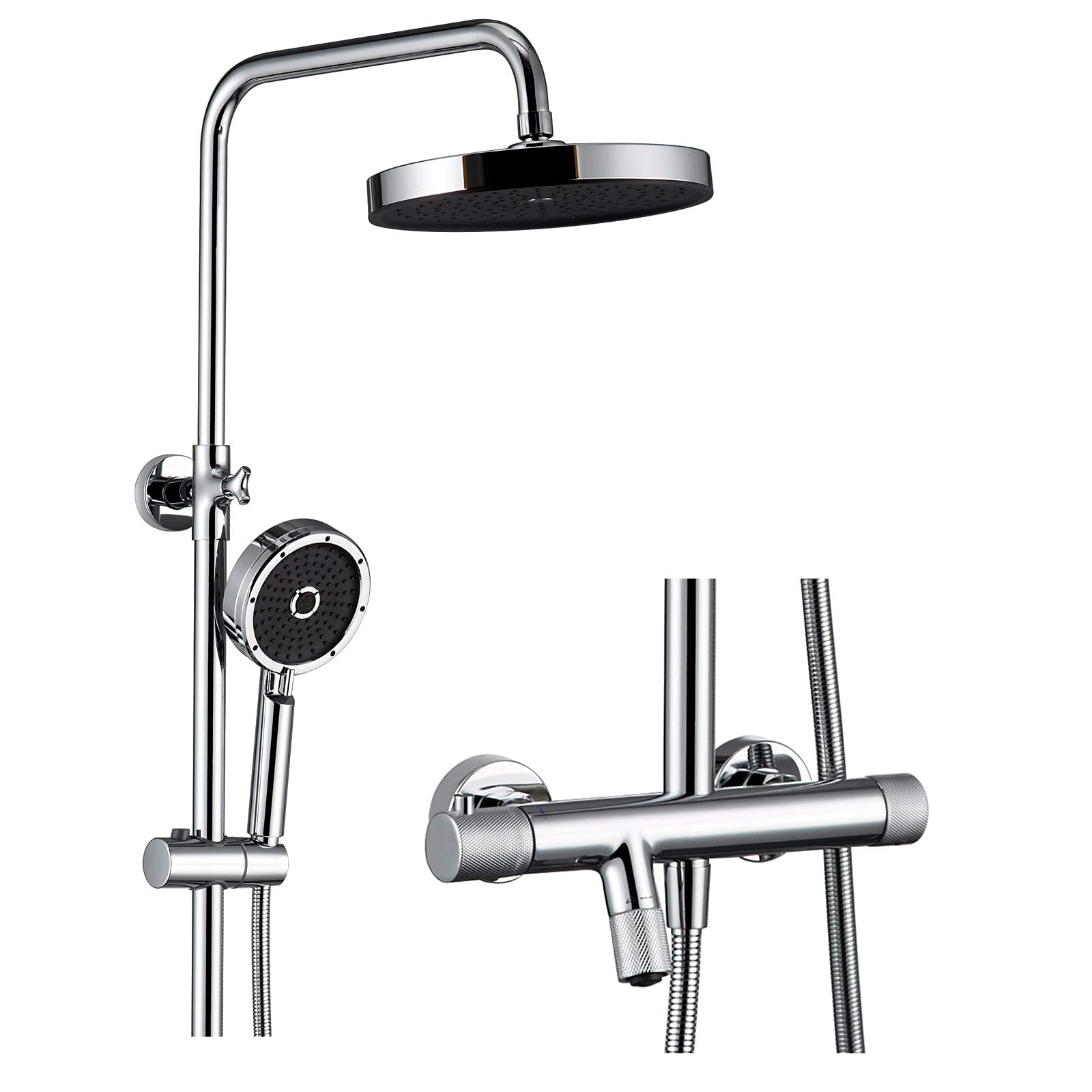 CWCQGH Thermostatic Shower Combo Set Exposed Bathroom Shower Faucet Set with 10 Inches Rainfall Shower Head, Multifunctional Handheld Shower, Tub Spout,Chrome,Chrome
