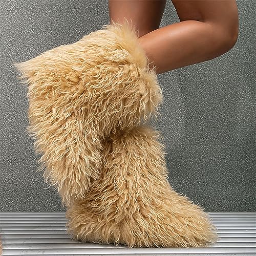 YESBOR Women's Curly Faux Fur Snow Boots Fluffy Fuzzy Furry Winter Outdoor Flat Booties4