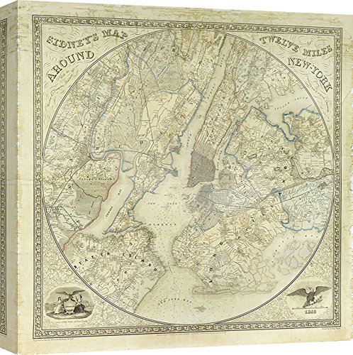100% Made in Italy ART PRINT CAFE\' – Quadro, mappe antiche - Stampa su Tela – Anonimo, Twelve Miles around NY Map, 1849 – 40x40 cm