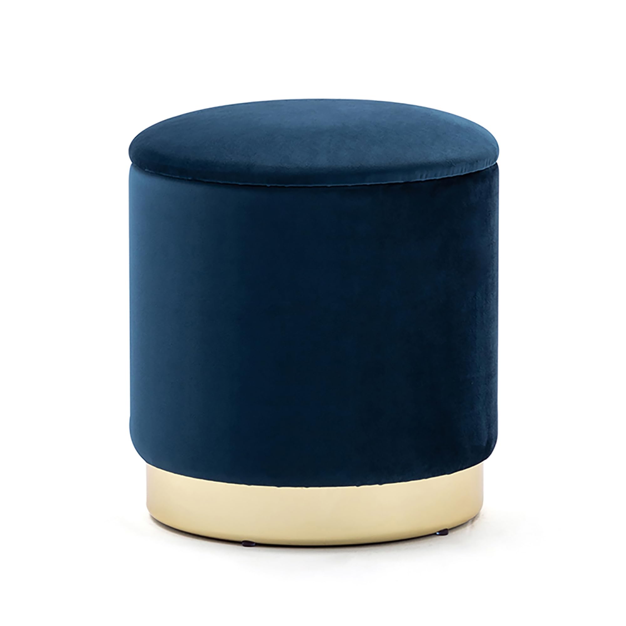 HNNHOME 37cm Round Velvet Ottoman Storage Box with Lid, Pouffe Seat Chair, Living Room Footstool, Bedroom Dressing Stool with Gold Plating Base (Dark Blue)