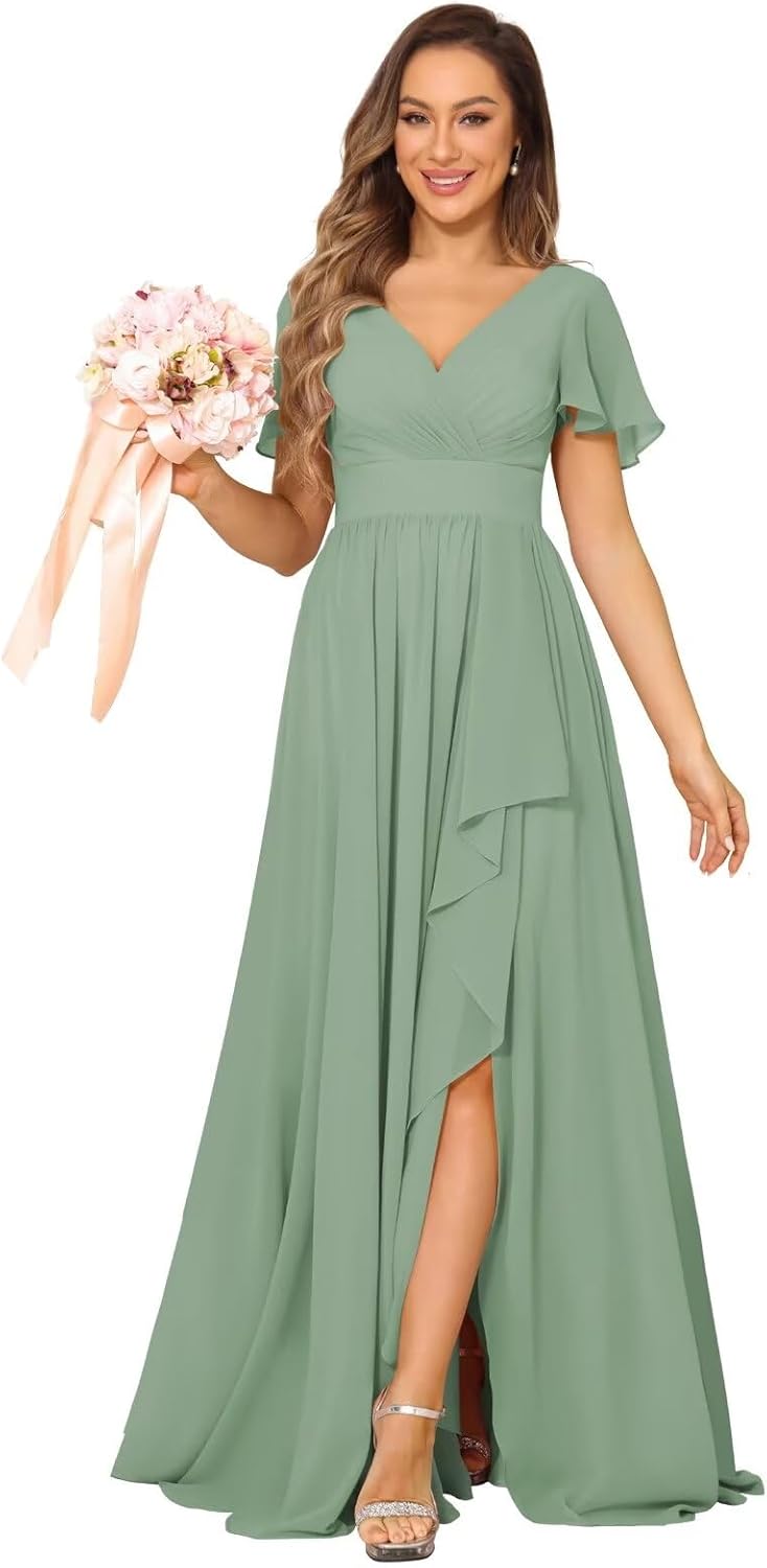 Women's V Neck Chiffon Bridesmaid Dresses with Pockets Pleated Aline Formal Evening Dresses with Slit 2024 DE164 14 Eucalyptus