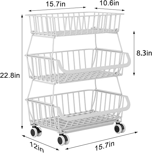 Miniatura 7 de Organizador de piso de despensa rodante de 3 niveles, carrito de almacenamiento apilable con ruedas, cestas de alambre de metal, soporte de cesta de