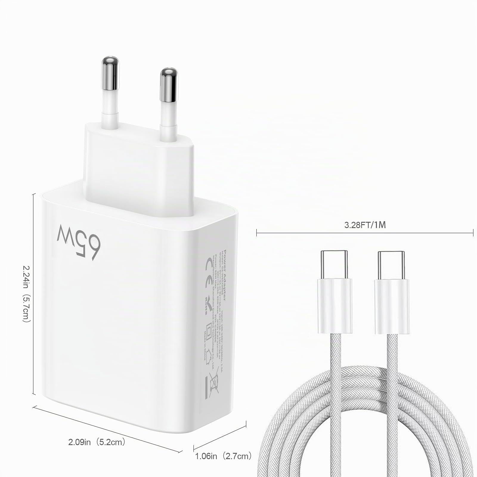 FPVtosky 65W USB-C Chargeur Alimentation avec Charge Rapide,Technologie GaN,Compatible avec DJI Lito X1/Neo/Mini 5Pro/4/3/4k/Air 3S/Avata 2/Avata 360,Osmo Pocket 3/4,Hub,avec câble C vers C(Blanc)