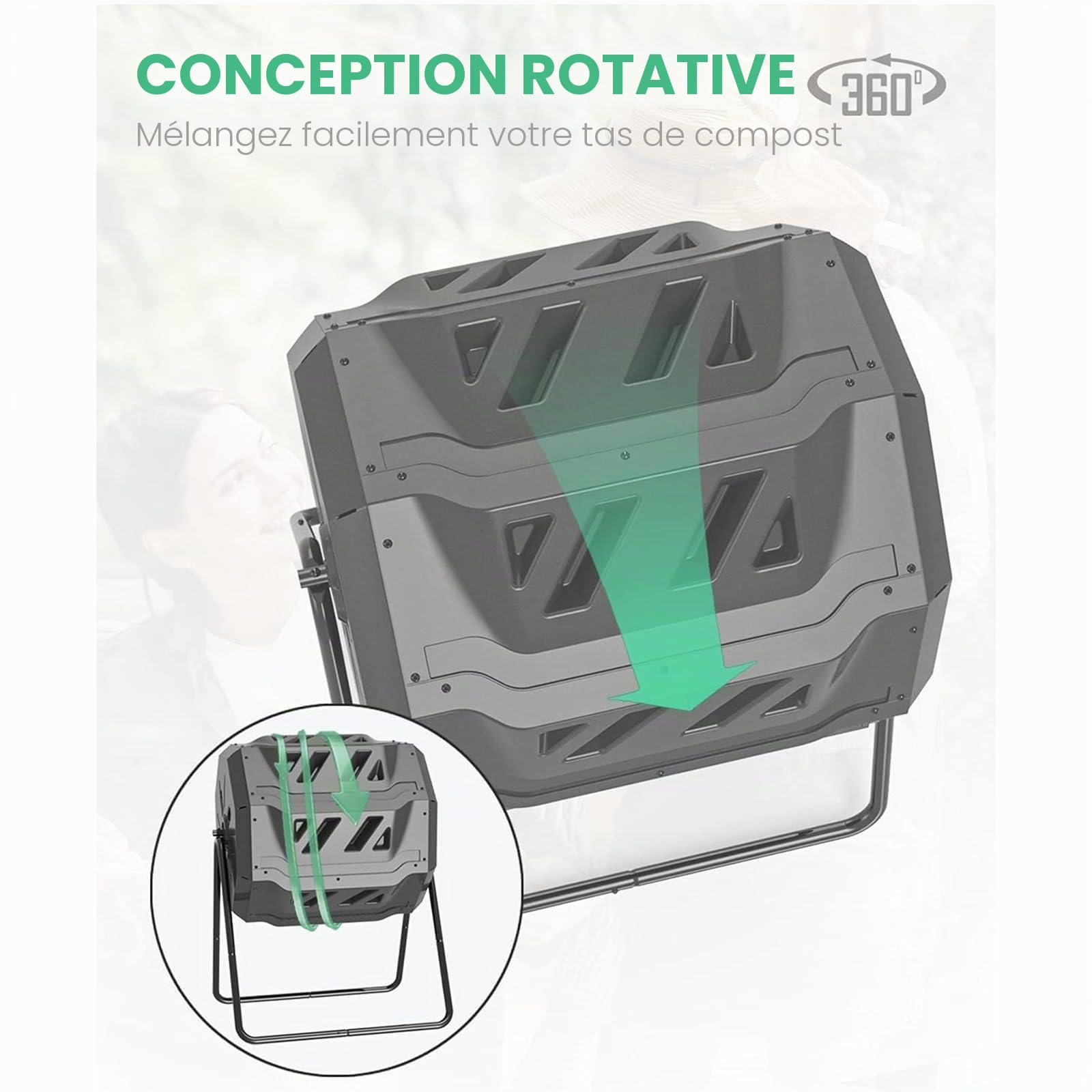 SQUEEZE master Composteur rotatif à double chambre de 160 L – Composteur de jardin rotatif robuste, compostage plus rapide avec une meilleure circulation de l'air, gobelet à compost rotatif pour
