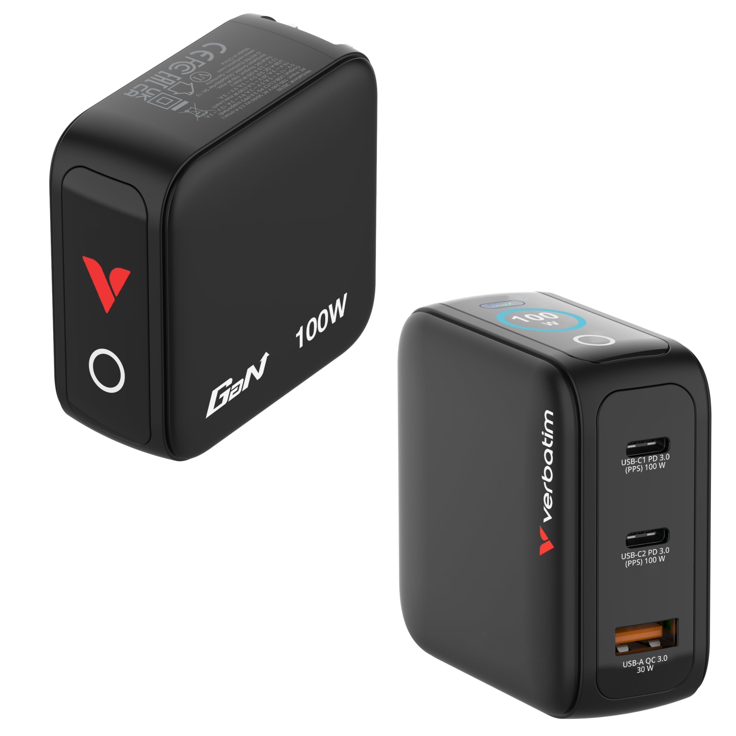 Verbatim Mini GaN Charger 100W Display 2X USB-C USB-A Reise Schnellladen