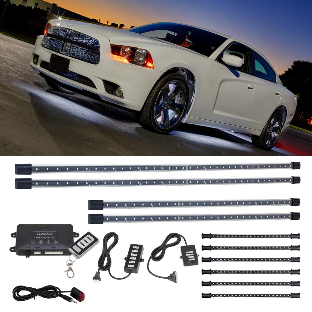 LEDGlow 4pc White LED Underbody Underglow Lights & 6pc Interior Footwell Accent Lighting Kit for Cars - 12 Unique Patterns - Music Mode - Water Resistant Tubes - Includes Control Box & Wireless Remote