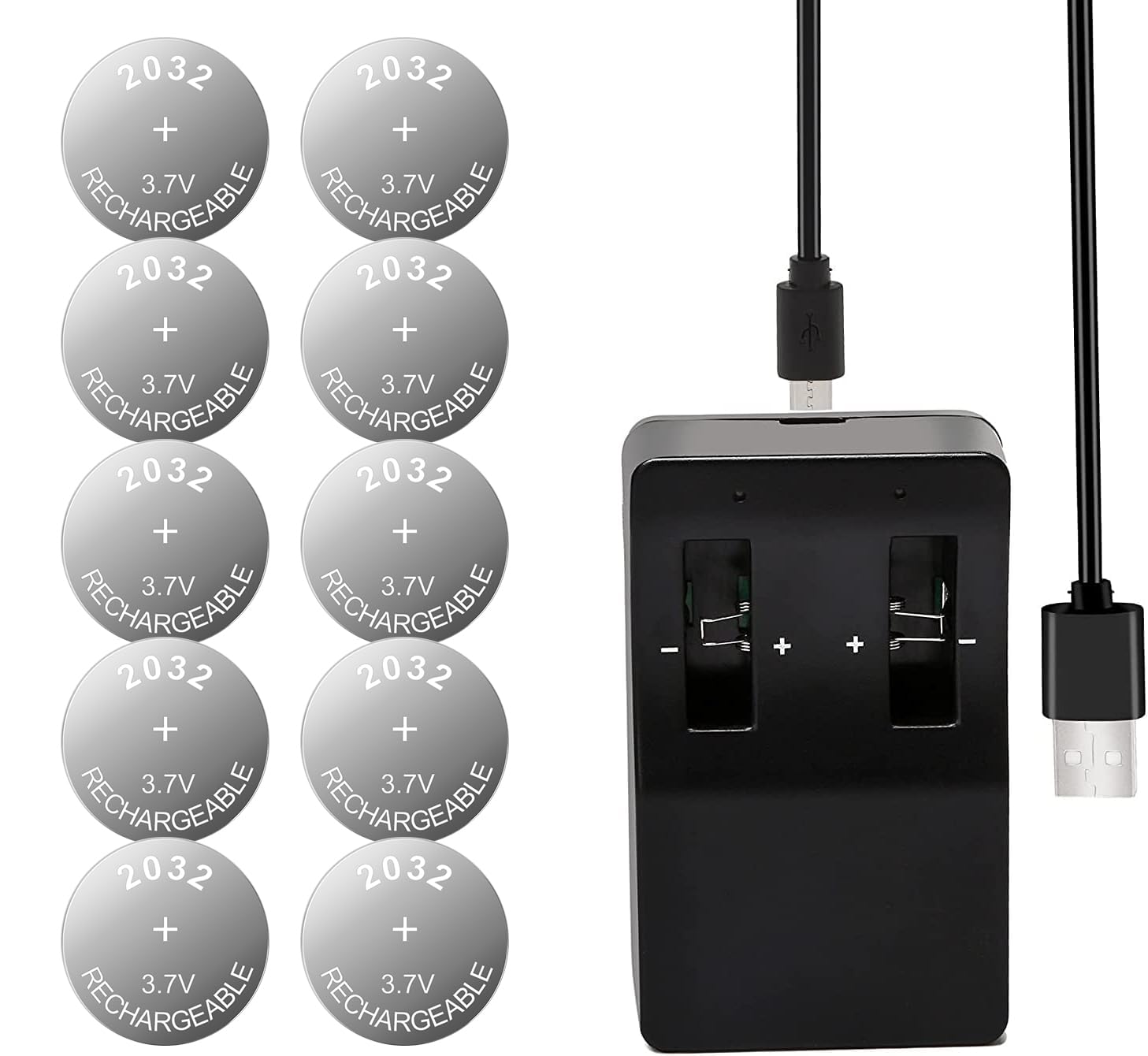 Rechargeable 2032 Battery with Charger 10 Pack, 3.7v LIR2032 Button Battery Can Replace ML2032,CR2032 3v Lithium Batteries for Airtag, Car Remote Key