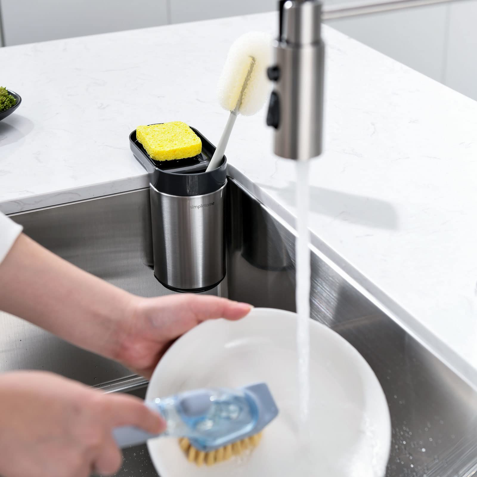 simpletome Sink Sponge Holder with Dish Brush Organizer Suction Cups or Countertop (430 Stainless Steel + ABS)