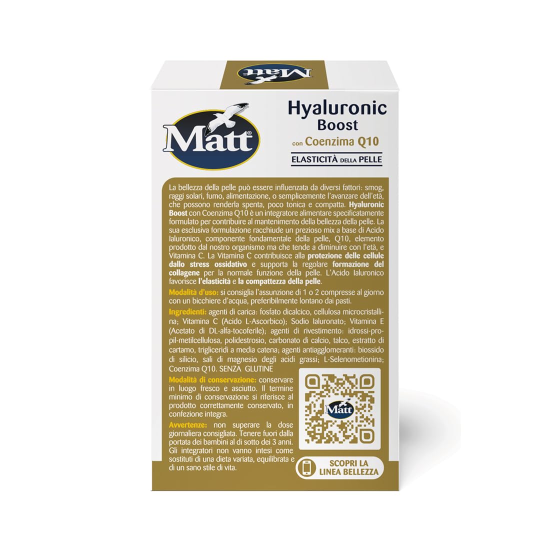 Matt, Hyaluronic Boost, Integratore Acido Ialuronico Compresse, con Coenzima Q10 e Vitamina C, Ideale per il Mantenimento dell'Elasticità e della Bellezza della Pelle, Confezione da 30 Compresse