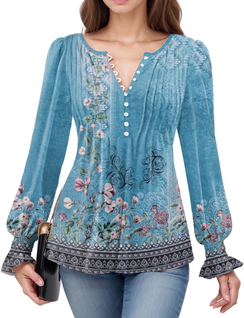 ETCYY Womens T Shirts Long Sleeve Tops 2025 Fall Fashion Pleated Tunic Tops Dressy Casual Button Down Blouses Fall Outfits Large Floral Blue