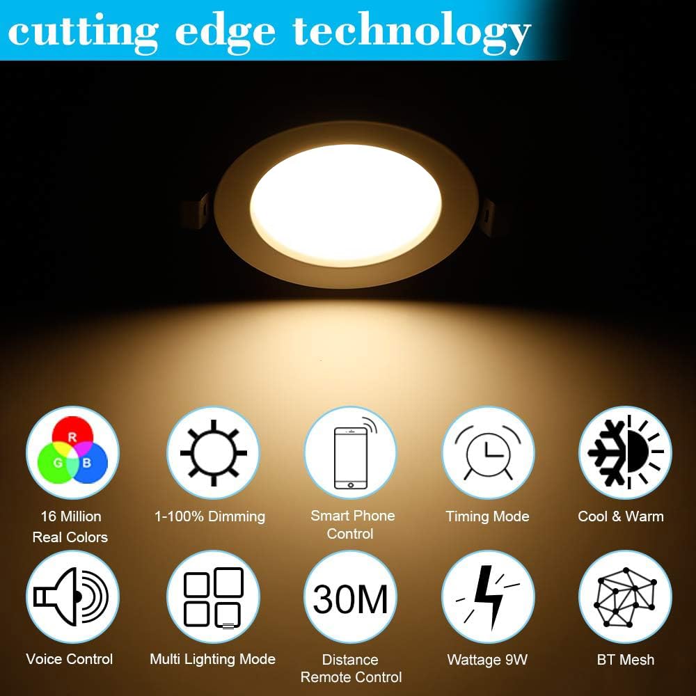 10er LED Einbaustrahler 230V RGBWC+CCT-WIFI/Bluetooth 9W LED Spots led Einbauspots Flach Dimmbar, RGB+2700K-6500K, APP Steuerung, Deckenleuchte Lampe mit Fernbedienung Kompatibel mit Alexa Google Home