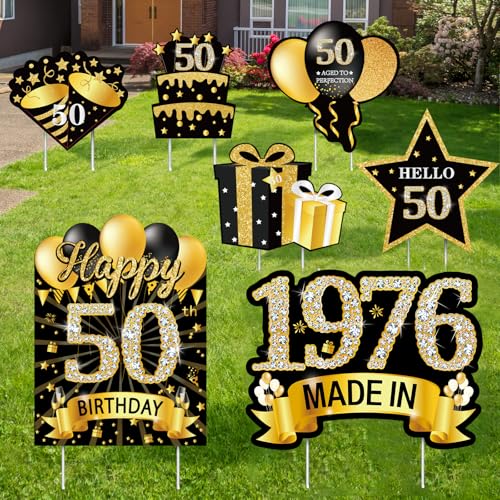 7Pcs Black Gold 50th Birthday Yard Sign Decorations for Men and Women Happy 50th Birthday Made in 1976 Lawn Sign Party Supplies Fifty Year Old Yard Decor with Stakes