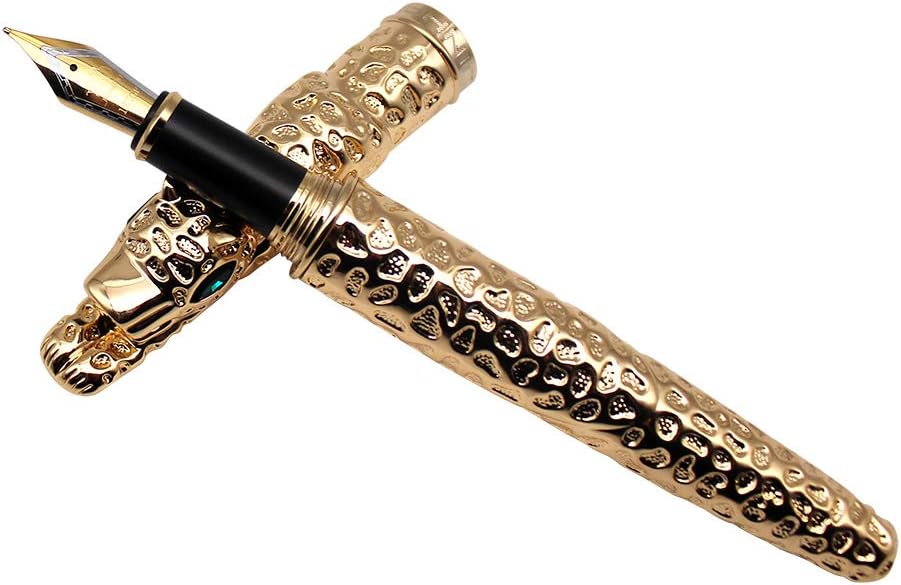 Leopard Jinhao Fountain Pen Medium Nib Big Heavy Pen & Refill Ink Converter Business Signature Collection Pen (Gold)