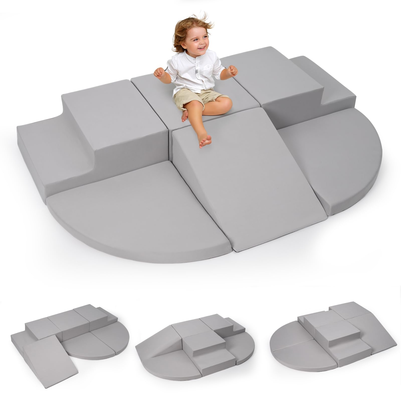 Rinnebbit 6-Piece Foam Climbing Blocks for Toddlers, Baby Climb and Crawl Soft Foam Play Set, Machine Washable Cover, Indoor Activity Play Structures, Climbing Toys for Toddlers 1-3 (Gray)