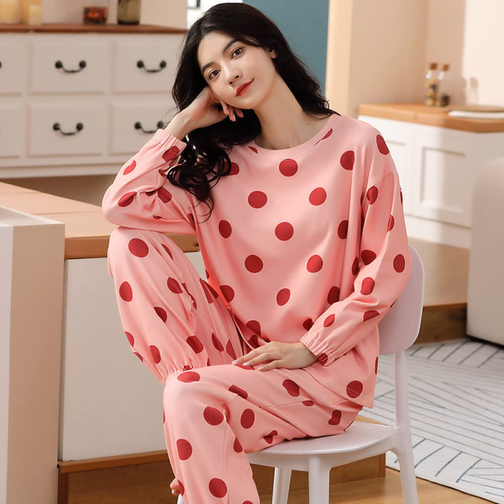 Pijamas Mujer,Conjuntos De Pijama Para Mujer Algodón Rosa Cuello Redondo Estampado De Lunares Clásico Acogedor Cálido Manga Larga Pjs Top & Amp; Conjunto De Pantalones Ropa De Dormir Ropa De Dorm