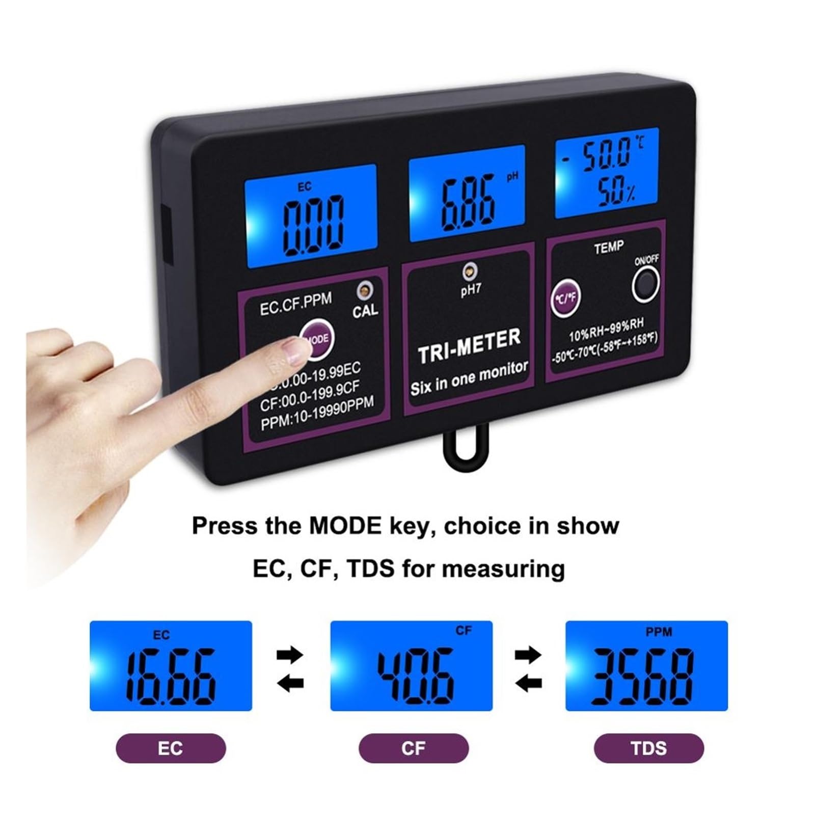 Medidor Agua Monitor De Calidad del Agua 6 En 1, Medidor Análisis PH For Acuario, TDS EC CF RH, Detector Conductividad Multiusos Preciso Fácil