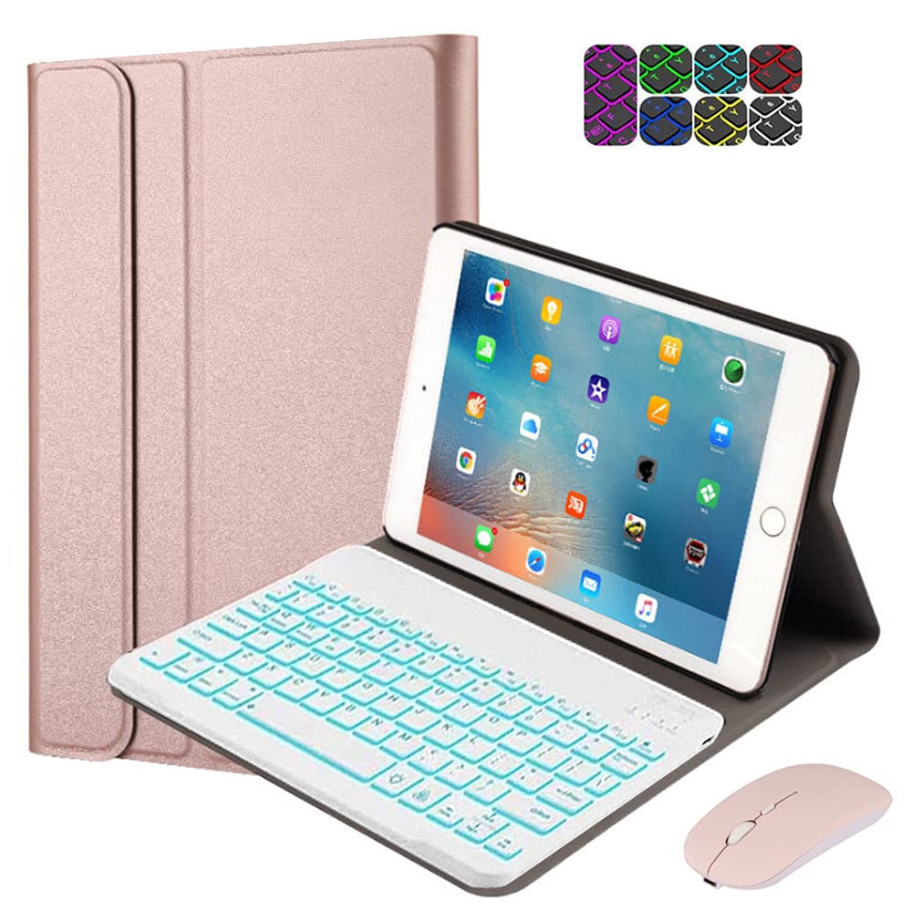 QYiD Étui en cuir avec clavier pour iPad Mini 5/Mini 4/Mini 3/Mini 2/Mini 1, détachable Bluetooth sans fil, rétroéclairé 7 couleurs, couleur or rose